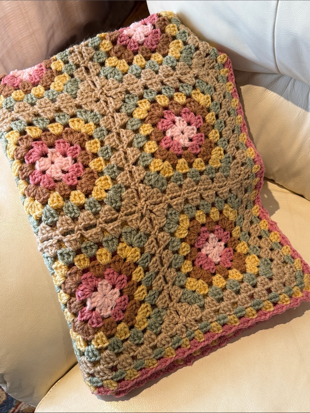 Handmade Blanket-Crocheted Granny Square-Pink/Brown/Green/Yellow-Gently Used